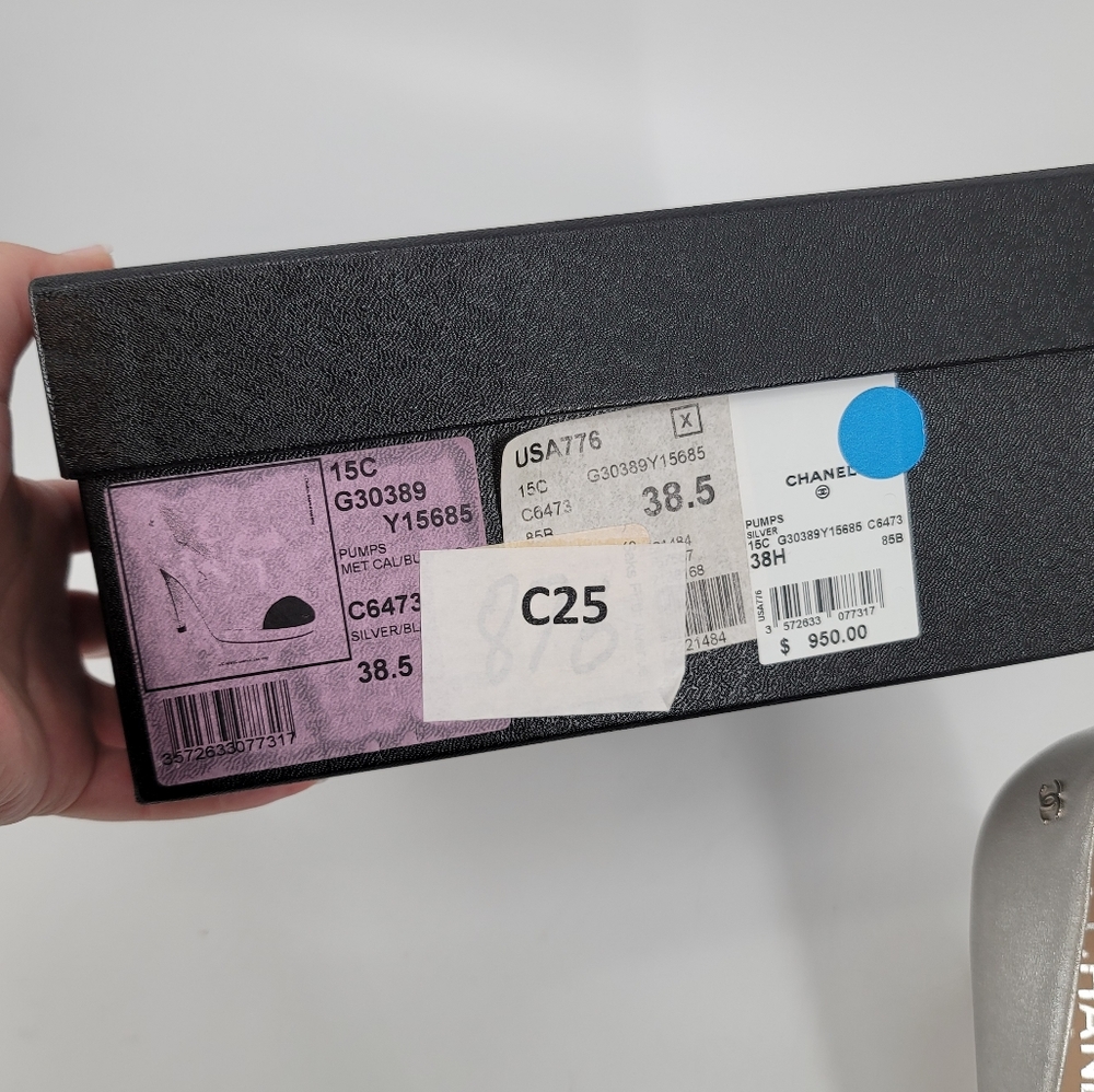Chanel Silver Leather Black Cap Toe Platform Pumps Round Toe Size 38.5 with Box - Picture 2 of 14